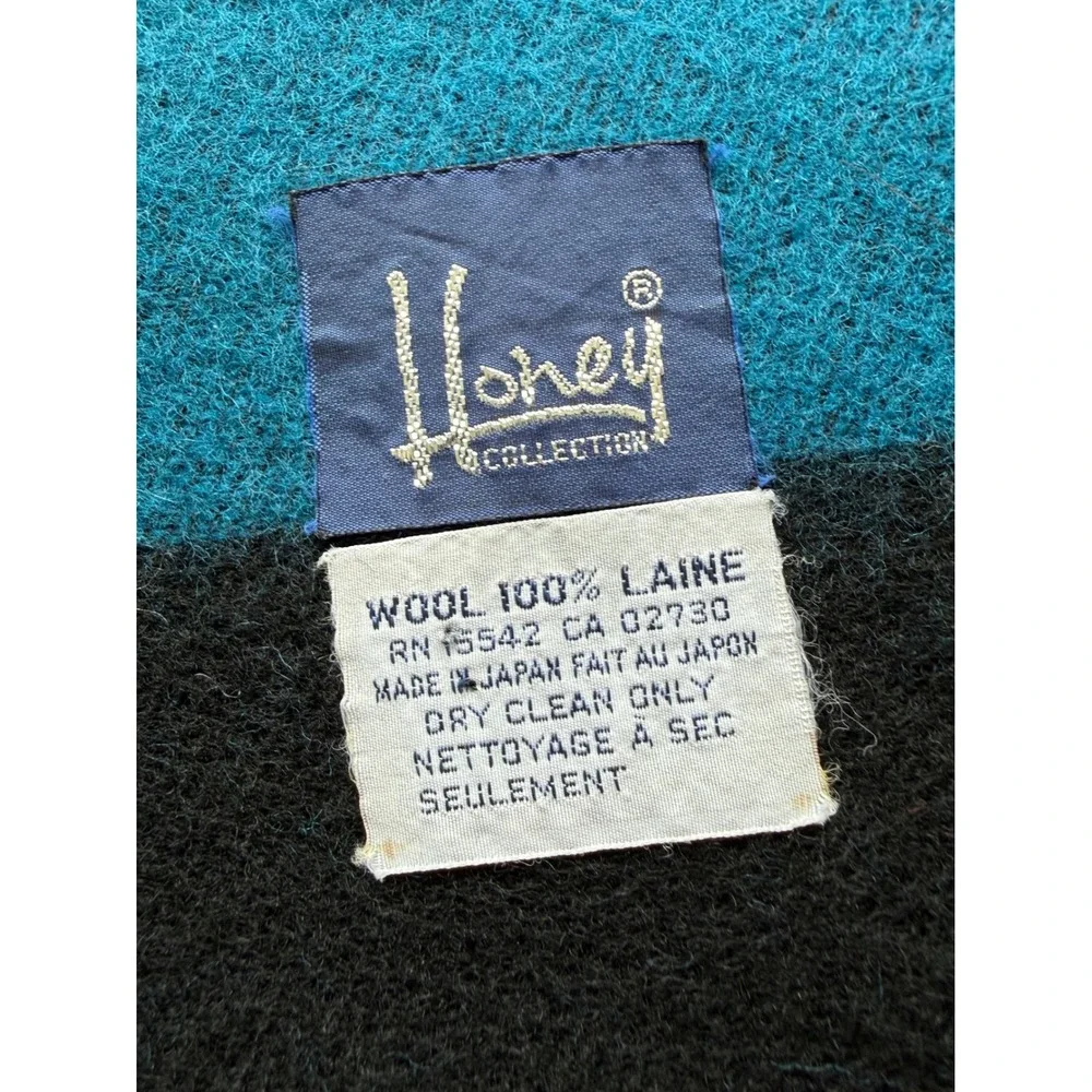 Vtg Honey Collection 100% Wool Scarf Blue Green Back  Reversible Made in Japan